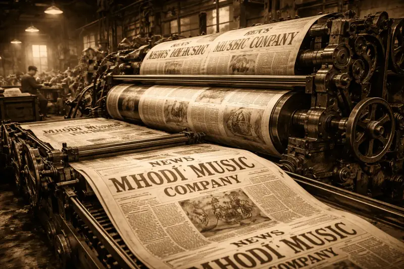 Rotativa tipografica vintage con giornale News Mhodì Music Company