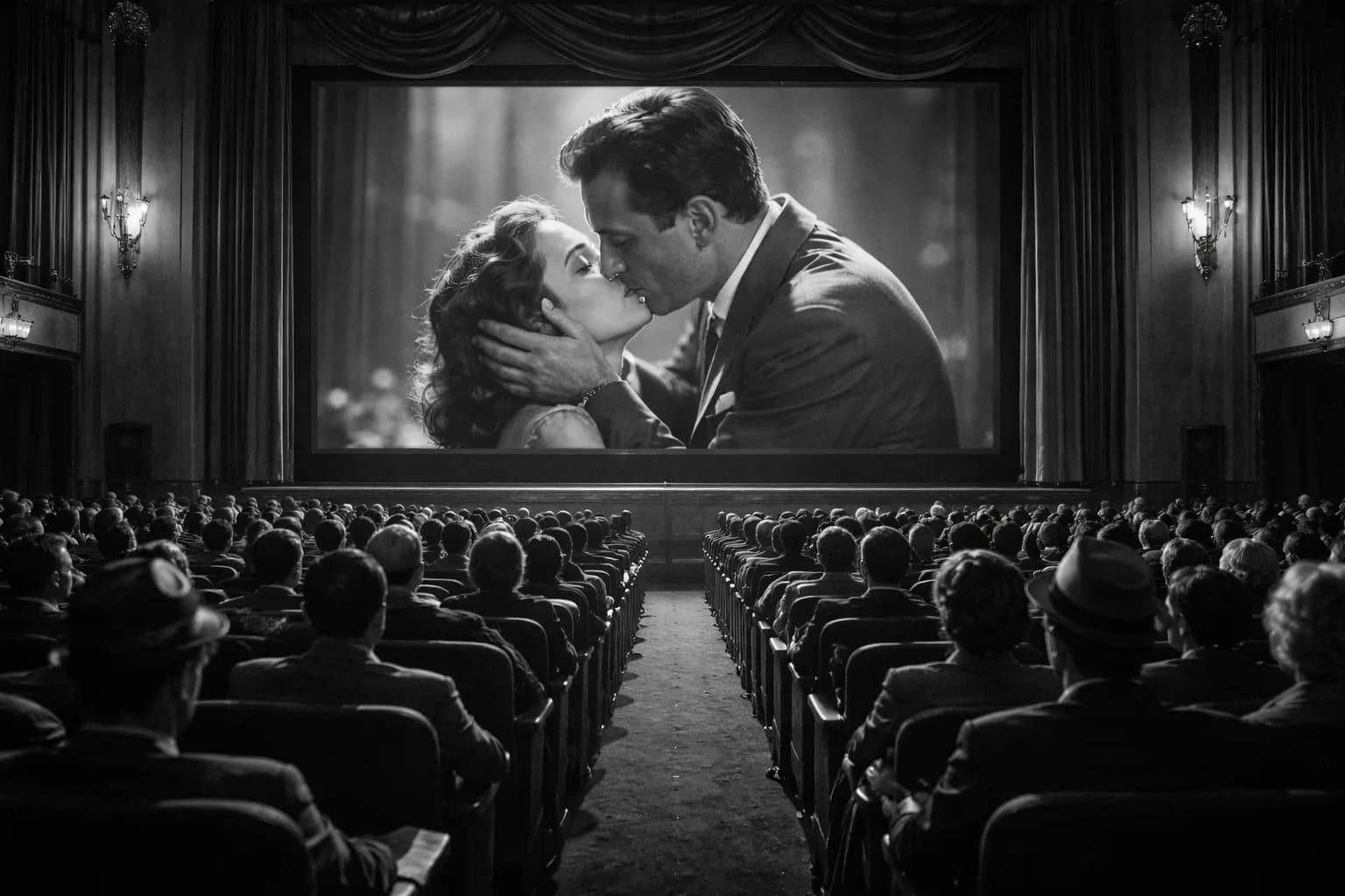 Sala cinematografica vintage con proiezione su grande schermo